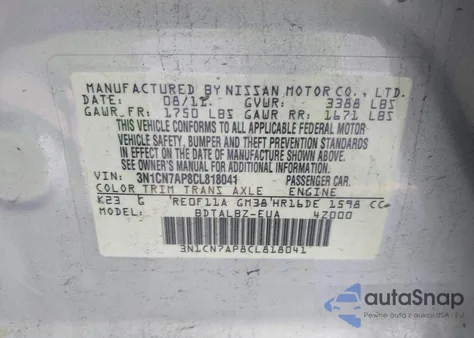 2012 Nissan Versa 1.6 Sv z USA, uszkodzony, nr VIN 3N1CN7AP8CL818041